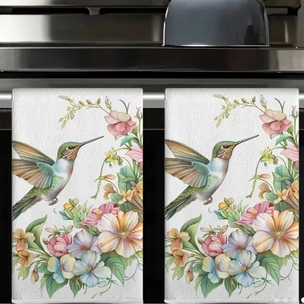 2pcs Kitchen or bathroom hand Towel hummingbird & floral design cottagecore